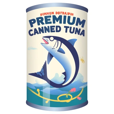 A vintage-style can label for canned tuna is prominently displayed. The label features an illustration of a large, bluefin tuna leaping out of the ocean, surrounded by stylized waves in shades of blue and teal. Above the tuna, in bold, vintage font, the words "Premium Canned Tuna" are written. Below the fish, there are decorative elements such as vintage fishing hooks and ropes, enhancing the maritime theme. The background of the label has a subtle cream tone, giving it an aged appearance. The overall design conveys a sense of nostalgia and quality.