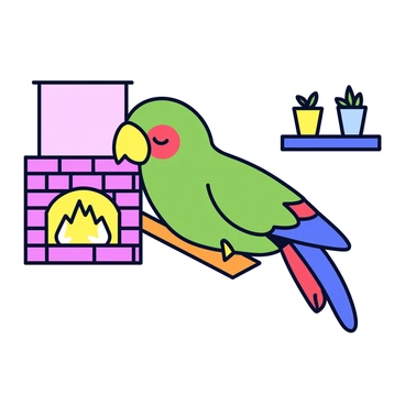 A colorful parrot with bright green, blue, and red feathers is dozing off on a wooden perch. Its eyes are closed, and its head is slightly tilted to one side. The background features a cozy room with a brick fireplace. The warm glow from the fireplace gently illuminates the space, casting soft shadows around the parrot and highlighting its vibrant feathers. A small shelf nearby holds a few potted plants, adding a touch of greenery to the scene.