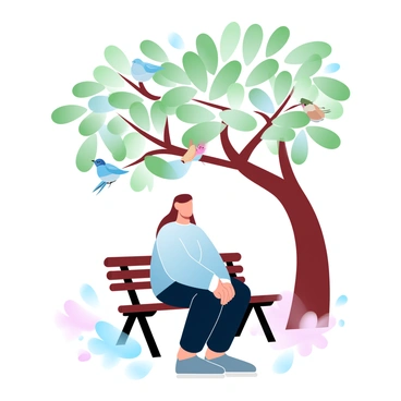 A person is sitting quietly on a park bench made of wood. The person is dressed in a cozy sweater and has their hands resting on their knees. Above them, a tree is filled with vibrant green leaves and several birds are perched on the branches. The birds are in different colors, some are small songbirds, and one is a larger bird with a bright red chest. In the background, there are soft pastel-colored flowers blooming near the base of the tree. The scene is tranquil and inviting, capturing a moment of peaceful observation.