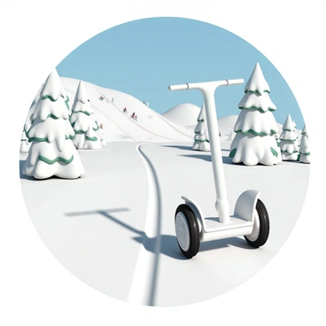 A Segway, equipped with rugged snow tires, is gliding smoothly along a snow-covered path. The scene is set near a ski resort, with snow-laden pine trees lining the path. In the background, ski slopes are visible, dotted with skiers making their way down. The sky is clear, revealing a bright blue backdrop. The Segway has a sleek design, with its handlebars facing forward, and visible snow tracks show its movement across the pristine white surface.