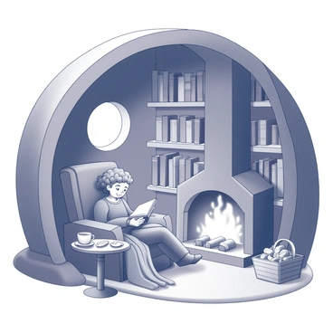 A cozy hobbit library nestled within a rounded, earthen space. The walls are lined with shelves filled with various books, their spines facing outward. A small, round window allows soft light to filter in, illuminating the room. In front of a crackling fireplace, a hobbit is comfortably seated in an oversized armchair. The hobbit has curly hair and is engrossed in a book, with a warm blanket draped over their lap. A small table beside the chair holds a steaming cup of tea and a platter of biscuits. The atmosphere is inviting, with a basket of firewood neatly stacked nearby.