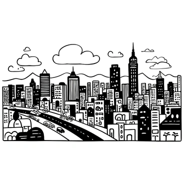 A panoramic view of a cityscape from a high vantage point, showcasing a sprawling urban environment. The skyline features towering buildings with intricate architectural details and varying shapes, including skyscrapers and smaller structures. The ground below is filled with busy streets, cars, and scattered people, creating a sense of movement. The horizon displays silhouettes of mountains in the distance. The sky is filled with large clouds that capture the fading light of the day.