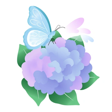 A butterfly gently landing on a cluster of purple hydrangea flowers