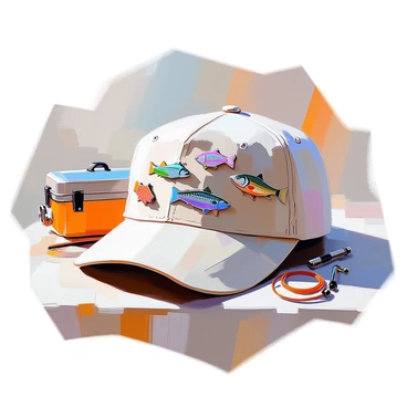A well-worn fisherman's hat made of faded fabric, showcasing a slightly frayed brim and soft texture. The hat is adorned with various vintage fish pins, each featuring unique designs and colors, including a colorful trout and a classic bass. The pins are affixed at different angles around the front of the hat, creating an eclectic display. The hat sits on a wooden table, surrounded by fishing gear, including a weathered tackle box and a coiled fishing line. Natural light casts soft shadows, highlighting the details of the hat and the textures of the surrounding objects.