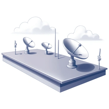 A rooftop with a variety of satellite dishes installed in different positions. The dishes are round and metallic, reflecting light from the sun. The rooftop features a flat surface, with edges that are slightly worn and weathered. There are several antennas of varying heights scattered across the roof. The background showcases a clear sky, with hints of fluffy white clouds.