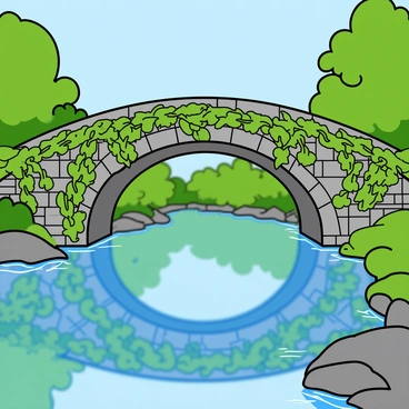 A sturdy stone bridge with an arching structure is covered in lush green vines that hang down and intertwine along its sides. The bridge spans across a wide river that reflects the vibrant colors of nature surrounding it. The water is clear and still, mirroring the blue sky above and the trees lining the riverbanks. The scene is filled with rich greenery, and small ripples can be seen gently disturbing the reflection of the bridge in the water.