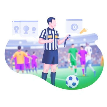 A football referee being interviewed on the sidelines during halftime, with a microphone in hand.