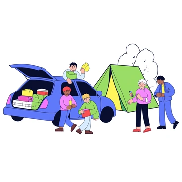 A family is packing their camping gear into a blue car parked beside a green tent. The car's trunk is open, revealing various camping supplies such as sleeping bags, a cooler, and a picnic basket. The tent is pitched on a grassy area, with trees visible in the background. The family members include two adults and two children, each actively engaged in loading items into the car. One child is holding a flashlight, while the other is folding a sleeping bag. The parents are directing traffic, ensuring everything is packed efficiently.