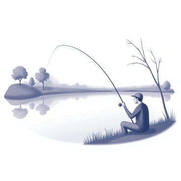 A fishing pond with calm water reflecting the surrounding scenery. A lone fisherman is sitting quietly on the bank, holding a fishing rod with a relaxed posture. There are several trees in the background, their branches extending above the water. The grass on the bank is slightly overgrown, adding to the natural feel of the scene. The fisherman has a focused expression as he gazes at the water's surface, waiting for a catch.