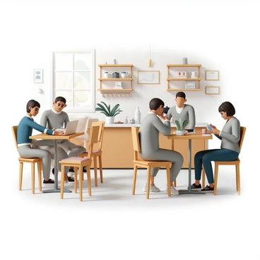 A cozy coffee shop interior with warm wooden furniture and soft lighting. Patrons are seated at tables, some working on laptops while others are sipping coffee. One person, wearing a blue sweater, is typing on a laptop, while another, dressed in a grey cardigan, is reading a book with a cup of coffee beside them. The walls are adorned with artwork, and a large window allows soft sunlight to filter in, creating a warm atmosphere. In the background, a barista is preparing drinks at the counter, surrounded by shelves filled with coffee beans and mugs. A gentle stream of soft background music is noted in the ambiance, with a relaxed vibe permeating the space.