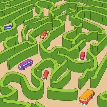 A large, intricate maze constructed from tall, green hedges, with various paths winding throughout. Scattered throughout the maze are several colorful buses, each with distinct designs and patterns, maneuvering along the paths. Some buses are positioned near the maze's center, while others are approaching different turns and intersections, creating a sense of movement. The ground visible between the paths is a light brown, representing gravel or dirt. The overall view captures the complexity of the maze and the buses navigating through it from a bird's-eye perspective.