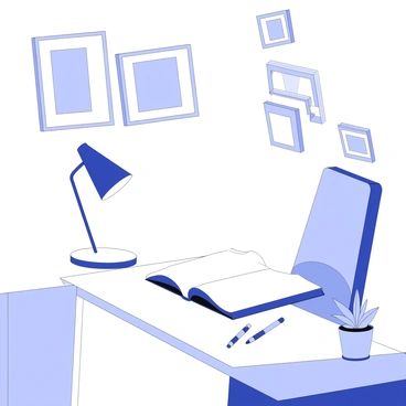 A sleek desk lamp is placed on a polished wooden desk in a stylish study area. The lamp features a cylindrical shade that casts a focused beam of light onto an open notebook, with several neatly arranged pens beside it. A modern chair with a clean design is positioned next to the desk. On the wall behind, there are several framed prints, while a small potted plant sits on the corner of the desk, adding a touch of greenery. The overall setup conveys a sense of organized sophistication.