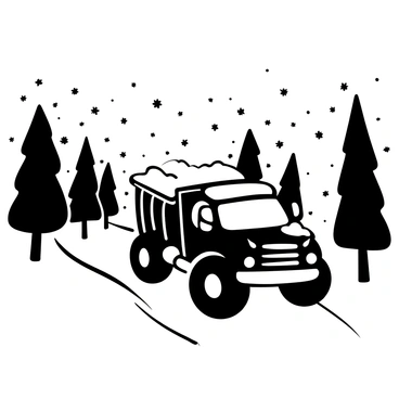 A large truck with heavy-duty tires is driving down a narrow, snowy road, surrounded by tall snow-covered trees. The blizzard creates swirling snowflakes and limits visibility, making the scene appear hazy. Wind gusts blow snow across the road, adding to the challenge of the journey. The truck's headlights pierce through the whiteout conditions, illuminating the snowflakes in the air. Snow accumulates on the hood of the truck and the sides, showcasing the intensity of the storm.