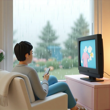 A person, wearing a cozy grey sweater and blue jeans, is sitting on a comfortable armchair by a large window. The person has short dark hair and is holding a remote control, focused on the television in front of them, which is turned on and showing a colorful scene. Outside the window, rain is falling steadily, with droplets sliding down the glass, creating a blurred view of the garden filled with green trees and plants. The room has warm lighting, adding to the inviting atmosphere. A soft blanket is draped over the arm of the chair.