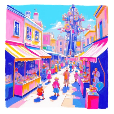 A lively market scene in Junkertown features an array of colorful stalls filled with various goods. Each stall is adorned with vibrant fabric canopies and artwork. Quirky characters are present throughout the market; one character is a tall figure with mismatched clothing, while another is a short, stout person wearing a wide-brimmed hat. A group of children can be seen playing near a stall that sells shiny trinkets. In the background, a large mechanical contraption stands, surrounded by bustling activity. The atmosphere is filled with energy as people interact and barter.