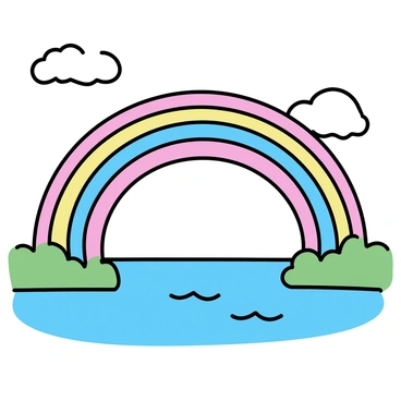 A colorful rainbow forming a bridge over a calm river, symbolizing hope and connection