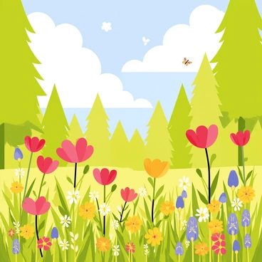 A sunny meadow filled with a variety of colorful flowers, including red poppies, yellow daisies, and purple violets. Each flower stands tall under a bright blue sky dotted with fluffy white clouds. Nearby, numerous butterflies of different shapes and colors flutter gracefully among the blossoms. The meadow is bordered by a dense forest with tall green trees, their leaves rustling gently in the warm breeze. Sunlight streams down, illuminating the vibrant scene.