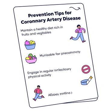 An educational poster with a clear layout focused on prevention tips for coronary artery disease. The top of the poster features the title "Prevention Tips for Coronary Artery Disease" in bold, easy-to-read letters. Below the title, there are several bullet points highlighting key tips, such as "Maintain a healthy diet rich in fruits and vegetables," "Engage in regular physical activity," and "Avoid smoking." Each tip is accompanied by small, simple illustrations: a bowl of fruits, a person jogging, and a crossed-out cigarette. The background of the poster is a light color to ensure readability, and each section is neatly organized to facilitate understanding.