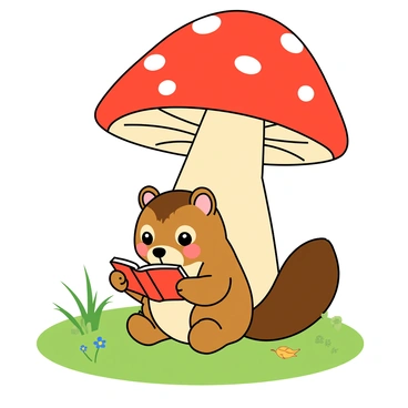 A small chipmunk with brown fur and a bushy tail is sitting comfortably on the ground. It is holding a tiny book in its tiny paws, engrossed in reading. The chipmunk's large, bright eyes are focused on the pages, and its ears are perked up, showing curiosity. Above it, a large red mushroom with white spots provides a colorful canopy, casting a soft shadow on the chipmunk. The surrounding area is filled with green grass and small wildflowers, adding to the charming scene. A few fallen leaves are scattered nearby.