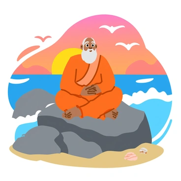 A wise guru with a long beard and wearing simple, flowing robes sits cross-legged on a large rock by the seaside. The background features a vibrant dawn sky filled with shades of orange, pink, and light blue. The ocean waves crash rhythmically against the rocks, creating splashes of white foam. Seagulls can be seen soaring in the sky, and small seashells are scattered on the sandy shore nearby. The peaceful atmosphere captures the essence of the early morning light.