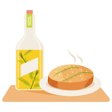 A bottle of herb-infused olive oil next to a freshly baked focaccia loaf