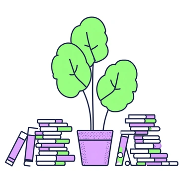 A monstera plant with large, glossy, green leaves is positioned in the center of the image. The plant stands tall in a pot with a textured surface. Surrounding the monstera are stacks of books arranged in a haphazard manner. The books vary in size and feature covers with distinct designs. Some of the stacks lean slightly, while others are more organized. The background is minimal, allowing the focus to remain on the monstera and the books.