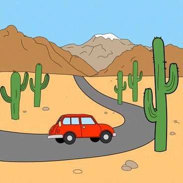 A small, bright red car is driving along a winding desert road. The car has two doors and a shiny exterior reflecting the sunlight. On either side of the road, there are tall green cacti with thick trunks and spiky arms reaching towards the blue sky. In the background, rugged mountains rise sharply with rocky terrain, their peaks slightly covered with patches of snow. The desert landscape is dotted with scattered rocks and the sandy ground is a warm beige color, contrasting against the vibrant colors of the car and plants.