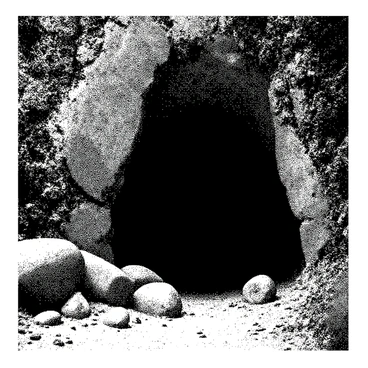 The entrance of a cave is framed by jagged rocks, creating a dark opening that suggests depth and intrigue. The cave walls are covered in strange markings and symbols, etched into the stone with an ancient craftsmanship, hinting at a long-forgotten civilization. Some markings appear to be intricate patterns, while others resemble figures or cryptic letters. The surrounding area is scattered with small boulders and dense vegetation, adding to the sense of mystery. The cave's entrance is slightly illuminated by a feeble, ambient light, giving a hint of what lies within.