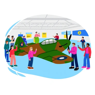 A beautifully restored Spitfire airplane displayed prominently in an aviation museum. The aircraft features a glossy green and brown camouflage pattern with distinctive roundels on its wings. Enthusiastic visitors, including children and adults, gather around the plane, some taking photos with smartphones while others point excitedly at the aircraft. The interior of the museum is filled with aviation-themed banners and posters, adding context to the scene. Bright overhead lights illuminate the Spitfire, enhancing its detailed design and showcasing the polished metal accents.