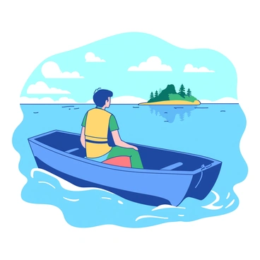 A person wearing a yellow life jacket is sitting in a small blue boat. The boat is gently floating on calm waters reflecting the sunlight. The person's gaze is directed towards a distant green island on the horizon, which has a few trees visible and a sandy beach. The sky above is clear with a few white clouds scattered throughout. The boat is slightly tilted to one side, indicating a gentle wave movement around it.