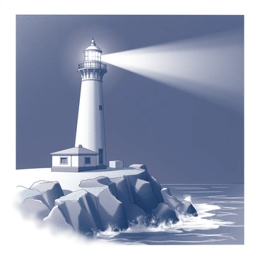 A tall lighthouse stands prominently on a rugged cliff. The structure features a cylindrical tower with a lantern room at the top, where a bright light is actively shining out into the night. Below, the cliff drops steeply into crashing waves, creating a sense of distance and elevation. The sky above is dark, accentuating the brightness of the lighthouse's beam as it slices through the darkness, illuminating the surrounding area. There may be rocky outcroppings at the base of the cliff, adding texture to the scene. The overall ambiance conveys a sense of solitude and navigation amidst the land and sea.