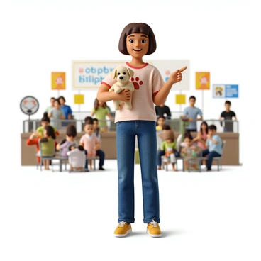 An enthusiastic host with short brown hair and a bright smile is standing at a pet adoption event. They are wearing a colorful t-shirt with a paw print design and blue jeans. In their arms, they are holding a small, fluffy puppy with cream-colored fur and big, expressive eyes. The host is gesturing with their free hand, pointing towards the families gathered around, encouraging them to adopt a pet. There are colorful banners and signs in the background promoting pet adoption, and various breeds of dogs and cats are displayed in nearby enclosures.