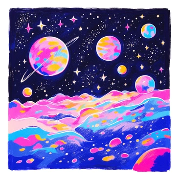 A view of outer space where stars and planets are glitching into colorful pixels