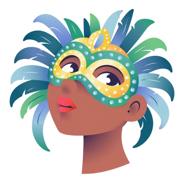 A close-up of a face adorned with an intricately designed ornate mask. The mask features vibrant feathers in shades of blue, green, and gold, cascading down the sides. Embedded within the mask are sparkling gemstones that catch the light, adding a touch of brilliance. The skin tone of the person is medium, and their eyes are visible, gleaming with curiosity. The background is softly blurred, emphasizing the detailed craftsmanship of the mask and the expressive features of the face.