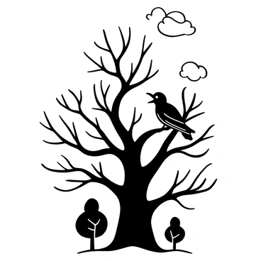 A raven perched on a branch at the top of a tall tree, with its beak open, cawing loudly. The tree has a thick trunk and many intricate branches extending outward. The raven's feathers are detailed, showing their texture and form. The scene includes a background of other trees with a cloudy sky above.