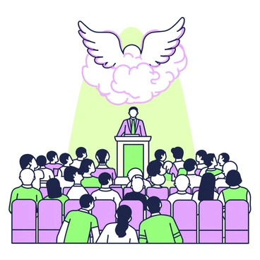 A large congregation is gathered in a spacious auditorium, sitting in rows of chairs. At the front, a preacher stands confidently behind a wooden pulpit, passionately delivering a sermon. The preacher is dressed in a formal suit and tie, with a focused expression as they engage the audience. 

Above the congregation, soft clouds are swirling and taking shape, forming an angelic figure with outstretched wings. The figure appears ethereal and majestic, hovering just above the heads of the attendees. The attendees, a diverse group of men and women of various ages, are captivated by the sermon and the figure above them, some with expressions of awe on their faces. Warm light filters through the room, creating a welcoming atmosphere as the scene unfolds.