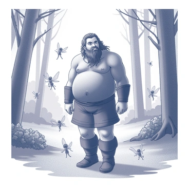 A large, rugged figure stands in a forest clearing. Beorn, a man with a strong build and wild hair, is surrounded by several small fairies. The fairies have delicate wings and are hovering around him, their bodies adorned with shimmering details that suggest they are sparkling with magic. Beorn's expression is one of curiosity and surprise as he looks down at the fairies, who are playfully flitting about. The forest around them is dense, with towering trees, and hints of enchanting flora can be seen in the background. The scene captures a moment of wonder as nature and magic collide.