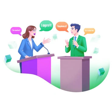 A modern pastel illustration depicting two figures standing at podiums, actively engaged in a debate. The first figure, a woman with medium-length brown hair, wears a bright blue blazer and has an animated expression as she gestures emphatically. The second figure, a man with short black hair, is dressed in a green suit and leans slightly forward, displaying a spirited expression. Colorful speech bubbles with phrases like "I disagree!" and "Let's consider this!" are floating around them. The background features a subtle pattern of shapes to enhance the lively atmosphere.