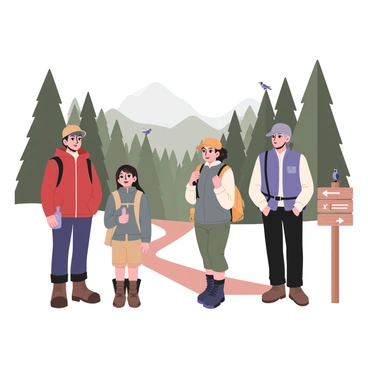A group of four hikers stands at a trailhead, preparing to embark on their adventure. The first hiker on the left has short brown hair and is wearing a bright red jacket, along with dark blue hiking pants and sturdy boots. The second hiker, a woman with long black hair in a ponytail, is dressed in a teal fleece and khaki shorts, holding a water bottle. The third hiker, who has curly blond hair, is wearing a yellow backpack and green cargo pants, while the fourth hiker, an older man with gray hair, sports an orange cap and a gray vest over his shirt. Behind them, a lush green forest looms, with tall trees and a dirt path leading into the woods. A wooden signpost with trail directions stands next to them, with birds perched on it.