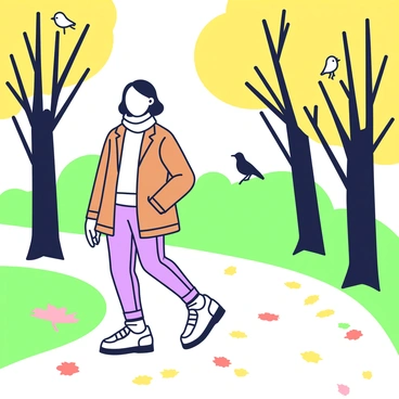A person is strolling along a forest path that is lined with trees. The ground is covered with fallen autumn leaves in various shades. The person is wearing a brown jacket and has a scarf wrapped around their neck. They are walking with a relaxed posture, one hand in their pocket while the other hand is gently brushing against the leaves. Sunlight filters through the tree branches, casting dappled shadows on the path. In the background, a few birds can be seen perched on the branches, and the forest appears vibrant with the colors of the season.