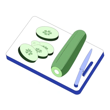 A cucumber sliced into eight even pieces is arranged neatly on a cutting board. One slice is prominently placed in the center, showcasing its circular shape and distinct ridges along the edges. The other slices are evenly spaced around it, revealing their fresh, green interiors. A small knife lies beside the cucumber, glinting slightly as it rests on the board. The background is simple and unobtrusive to keep the focus on the cucumber and its slices.