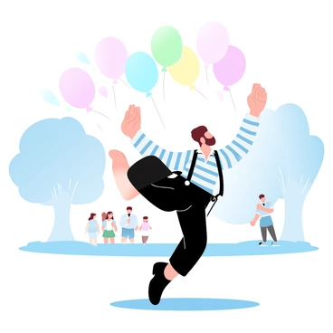 A mime artist is performing in a park, wearing a classic black and white striped outfit with black suspenders. The mime is in an exaggerated pose, mirroring the movements of the colorful floating balloons around them. The balloons, in shades of pastel pink, blue, yellow, and green, are gently swaying in the breeze, creating a vibrant atmosphere. There are trees in the background, softly blurred, allowing the focus to remain on the mime and the balloons. A few people in the distance are watching the performance with interest.