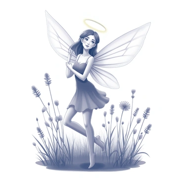 A fairy with delicate wings stands gracefully in a verdant forest. The wings are intricately patterned and appear almost translucent, catching the light as they flutter gently. The fairy is positioned amidst a backdrop of tall grass and wildflowers, which reach up around her. She has an expression of wonder and enchantment on her face. A soft halo of light encircles her figure, creating a gentle glow that highlights the surrounding foliage and enhances her ethereal presence.