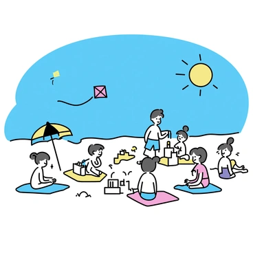 A clear blue sky with a bright sun shining down on a sandy beach. Several families are spread out on the beach, with parents sitting on colorful beach towels. Children are engaged in building sandcastles, complete with intricate towers and moats. Nearby, a few kids are running around with vibrant kites flying high in the sky, showcasing a variety of colors and shapes. The waves gently lap at the shore, creating a lively yet serene atmosphere. A small beach umbrella is placed beside one of the families.