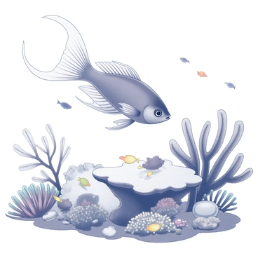 A betta fish with flowing fins is swimming gracefully through a coral reef. The reef is composed of various coral formations, showcasing intricate textures and shapes. Different species of marine life, such as colorful fish, sea anemones, and small crustaceans, are scattered throughout the scene. The water is clear, allowing for visibility of the vibrant ecosystem below. The betta fish is inspecting the coral and the surrounding marine creatures as it explores its environment.