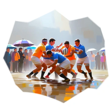 A rugby match is in full swing with players in muddy uniforms struggling for possession of the ball. The field is drenched with rainwater, creating puddles and splashes as athletes dive and tackle each other. Dark gray clouds fill the sky, and heavy rain cascades down, soaking the players and spectators. In the background, a group of onlookers huddle under umbrellas, their expressions a mix of excitement and concern. The vibrant colors of the team's jerseys stand out against the dull, muddy ground, enhancing the intensity of the match.