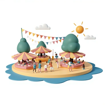 A vibrant festival takes place on a floating island. Colorful banners, in shades of red, yellow, and blue, are strung between trees and along the pathways. Groups of people are dancing in traditional attire, some with floral garlands around their necks, while others are clapping to the rhythm of the music. Various food stalls, adorned with bright tablecloths, display an array of delicious food items, including skewers of grilled meats, bowls of fresh fruit, and colorful pastries. The sky is clear, and the sun is shining brightly, casting cheerful light on the festive scene.