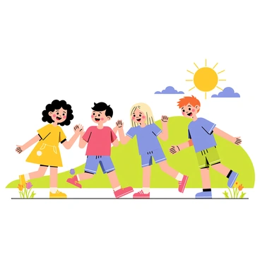 A cheerful scene featuring a group of children in a sunny park. Four children are depicted: a girl with curly brown hair wearing a bright yellow dress, a boy with short black hair in a red t-shirt, a girl with straight blonde hair in a blue shirt, and a boy with tousled reddish hair in green shorts. They are all laughing and playing together. The background has green grass, colorful flowers, and a few trees providing shade. A bright sun shines in the clear blue sky, adding warmth to the lively atmosphere.