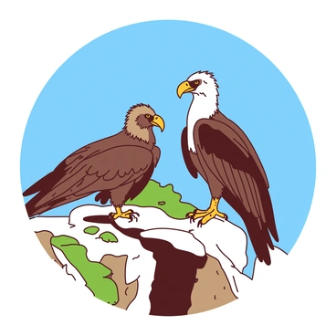A pair of California condors are perched on a rocky ledge. The condors have large wings and striking feather patterns. One of the condors is facing forward while the other is slightly turned, showcasing its profile. Below the ledge, the landscape features rugged terrain with patches of green vegetation. Above the ledge, there is a clear blue sky, creating a vibrant backdrop for the scene. The sunlight casts soft shadows on the rocky surface, emphasizing the texture of the stones.