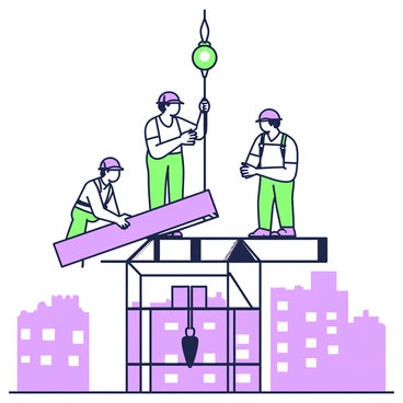 A group of construction workers is positioned atop a tall skyscraper, preparing to place the final beam. The workers are wearing hard hats and safety harnesses. One worker is holding a large metal beam, while another is using a crane to lift it into position. The skyline stretches out in the background, showcasing other buildings with visible windows. The workers are focused and communicating with each other, ensuring the beam is aligned correctly as they approach the moment of installation.